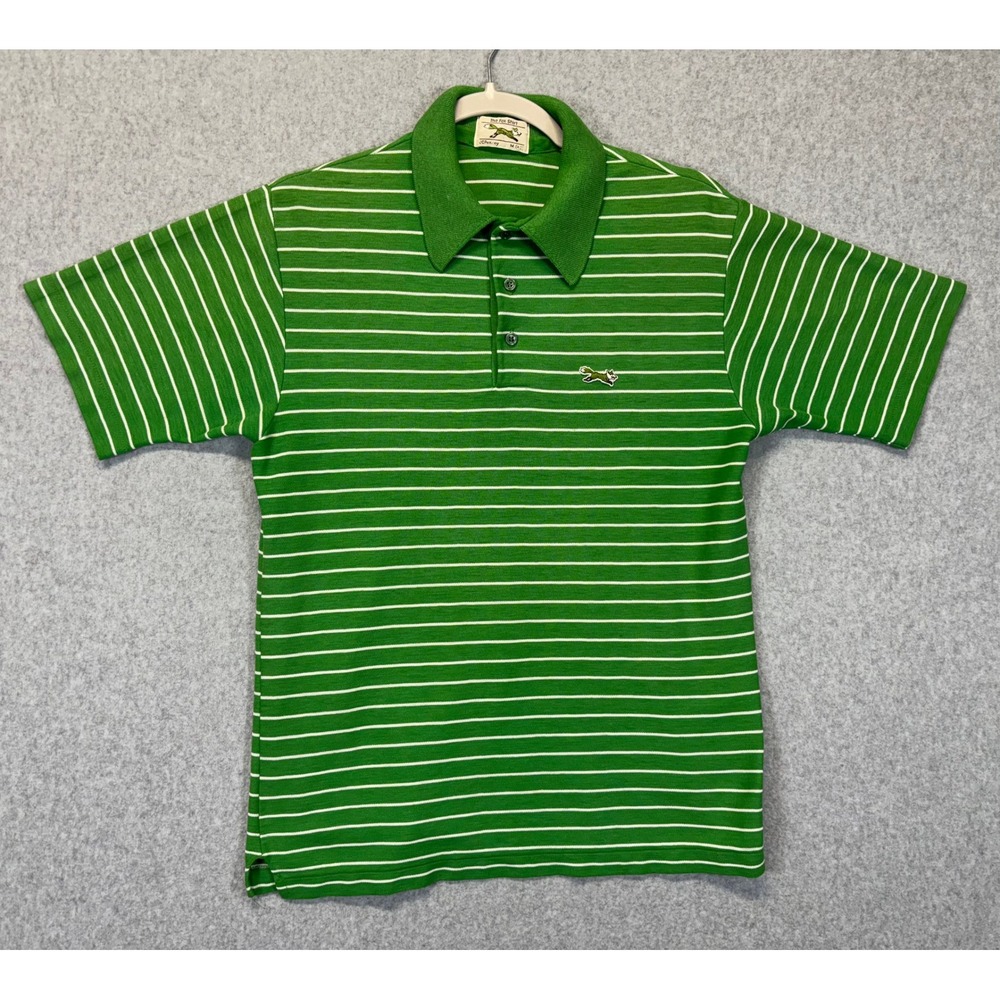 Vintage JCPenney The Fox Shirt Mens Green White Striped Polo Pique Knit Medium